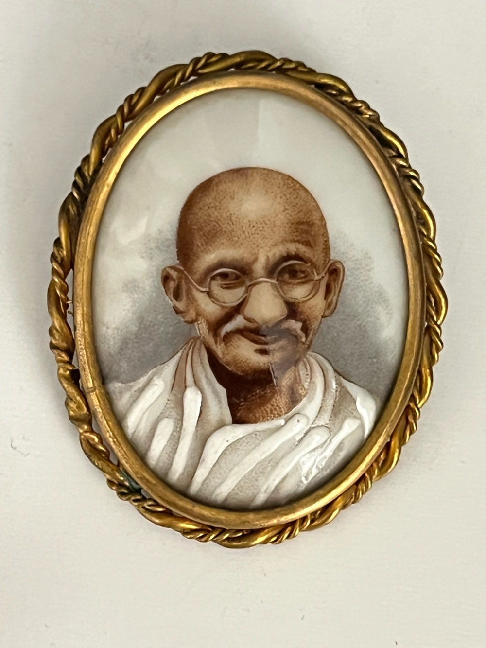 Limoges France Brooch Mahatma Gandhi Porcelain Hand-Painted, Gold Gilt Frame